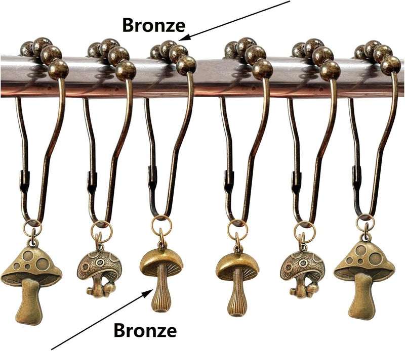 Daxingbu Mushroom Shower Curtain Hooks, 12Pcs Rustproof Metal Cute Retro Mushroom Shower Curtain Hooks Rings for Boho Fairy Forest Country Cottagecore Style Home Bathroom Decor (Set-Bronze) - Image 2